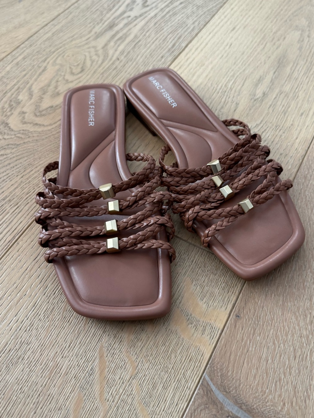 Marc Fisher Brown Lelina Flat Slide Sandals Strappy Square Toe Women’s Size 7.5